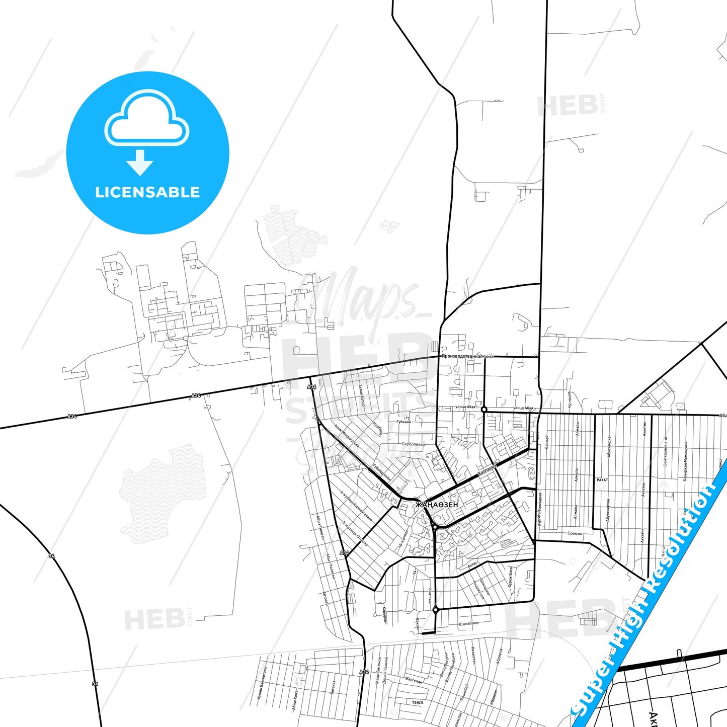 Zhanaozen, Kazakhstan Light Map with Street Names, City Names, and Districts