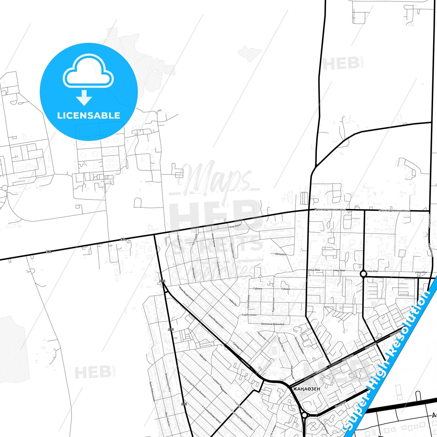 Zhanaozen, Kazakhstan Light Map with Street Names, City Names, and Districts