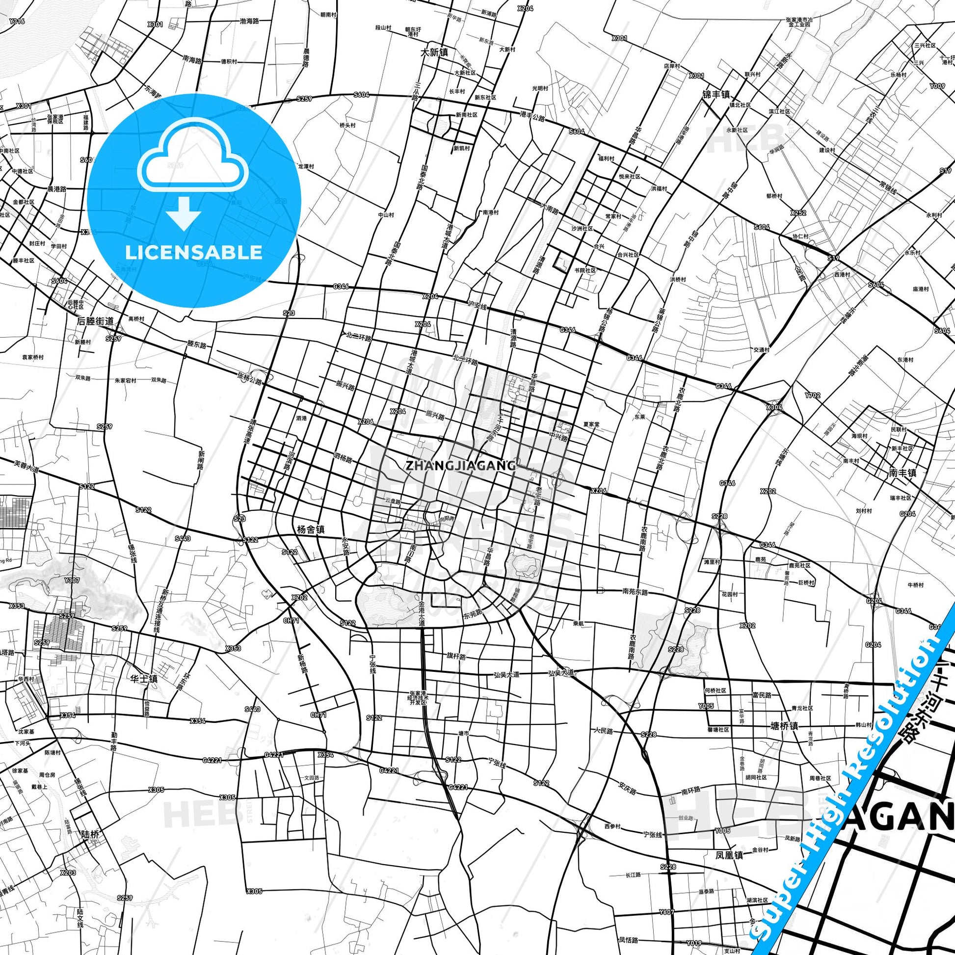 Zhangjiagang, China light map with streetnames, citynames and districts