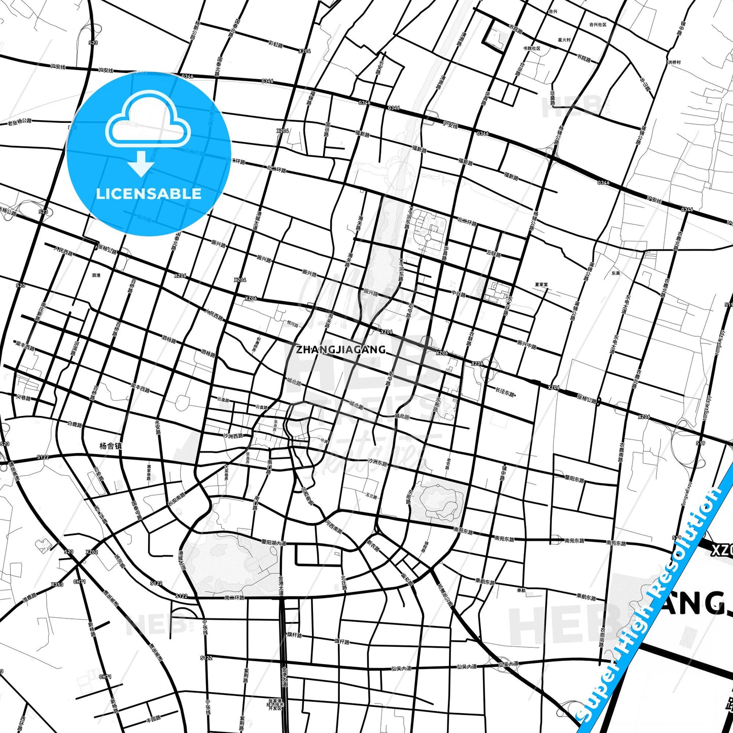 Zhangjiagang, China Light Map with Street Names, City Names, and Districts