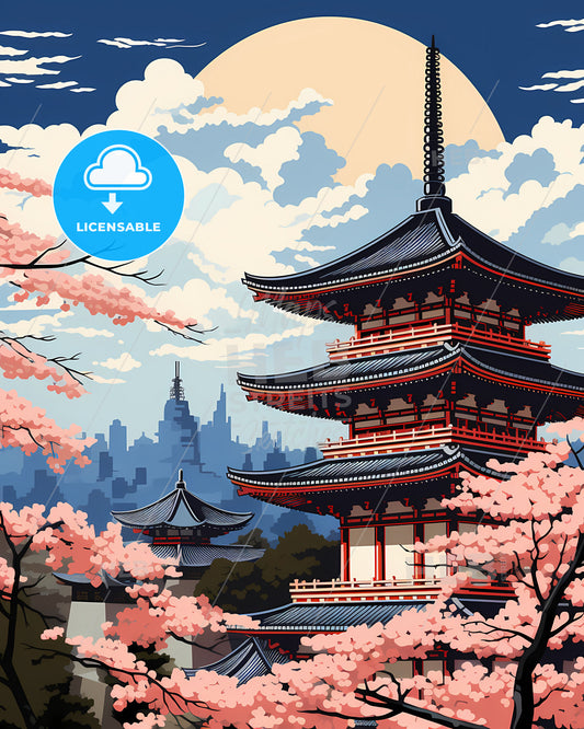 Vibrant Chinese Pagoda Skyline with Cherry Blossoms - Art Painting