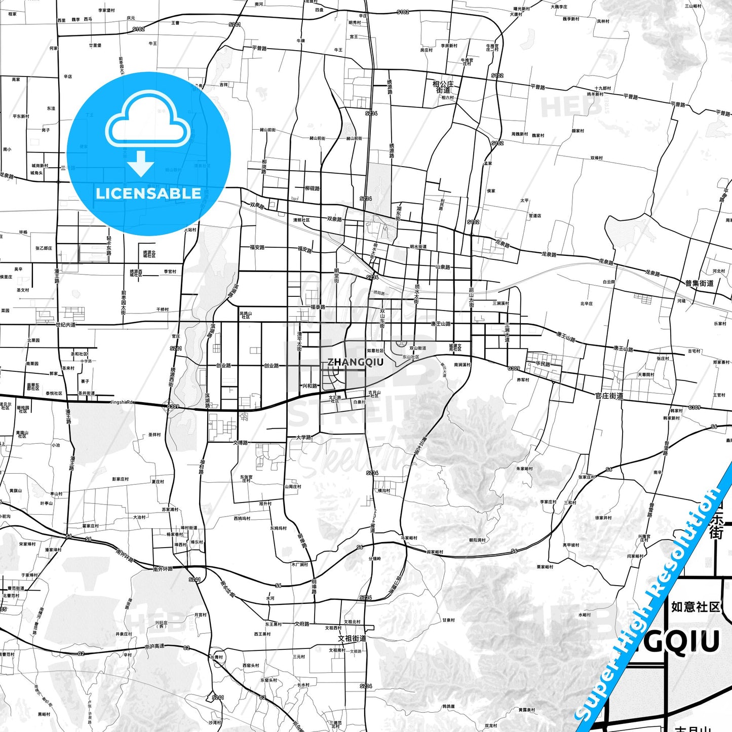 Zhangqiu, China light map with streetnames, citynames and districts