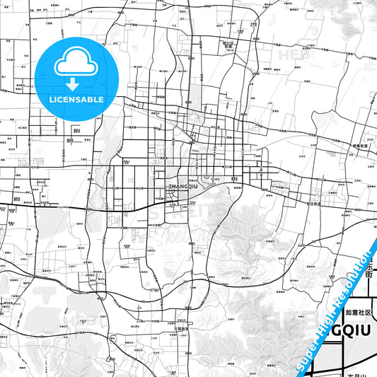 Zhangqiu, China light map with streetnames, citynames and districts