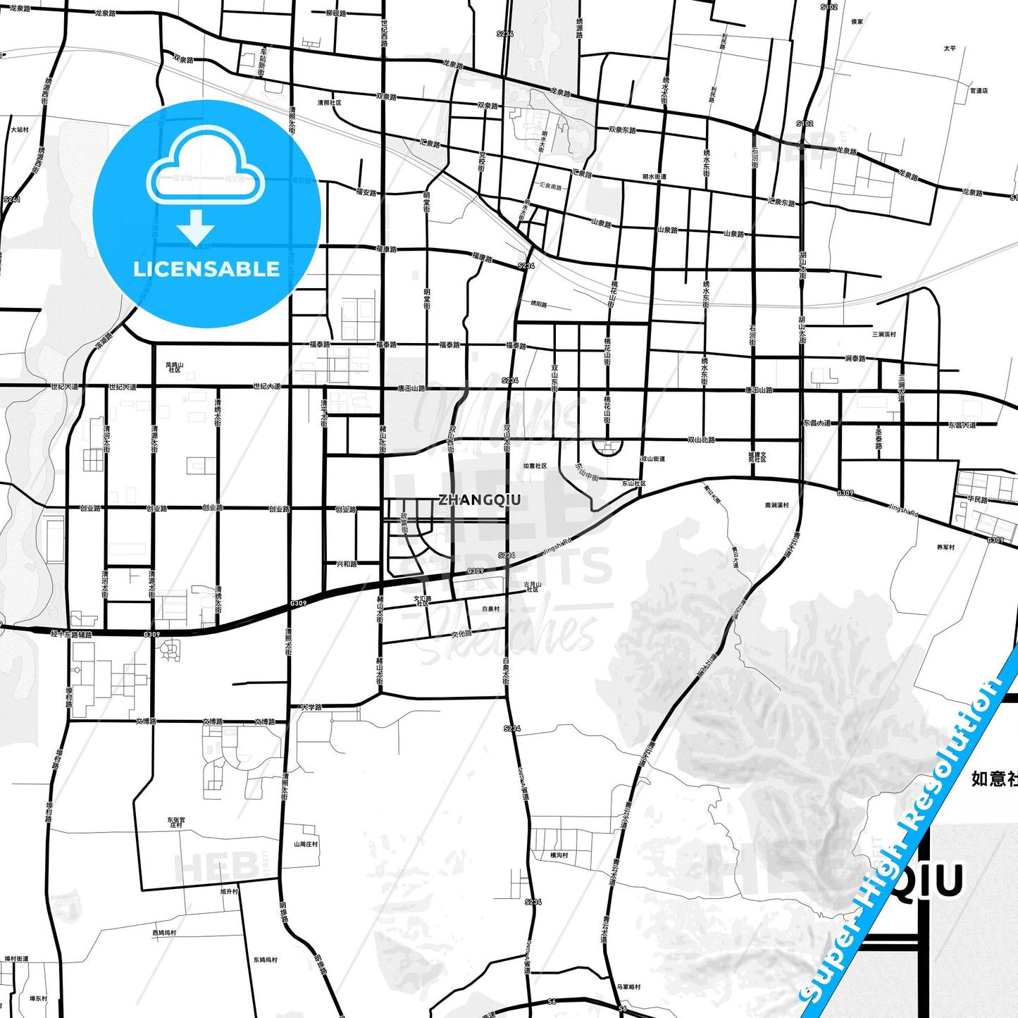 Zhangqiu, China Light Map with Street Names, City Names, and Districts