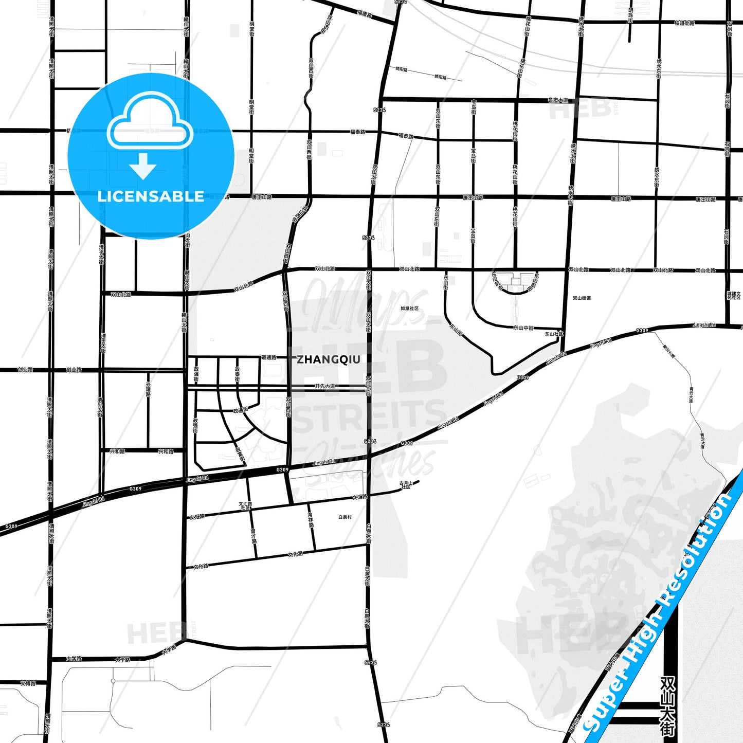 Zhangqiu, China Light Map with Street Names, City Names, and Districts
