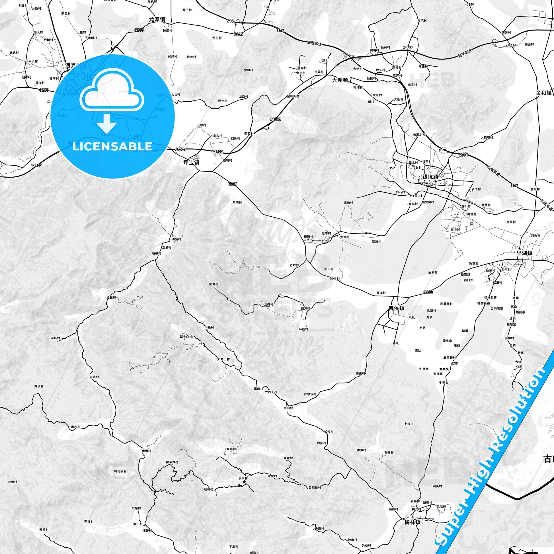 Zhangzhou, China light map with streetnames, citynames and districts