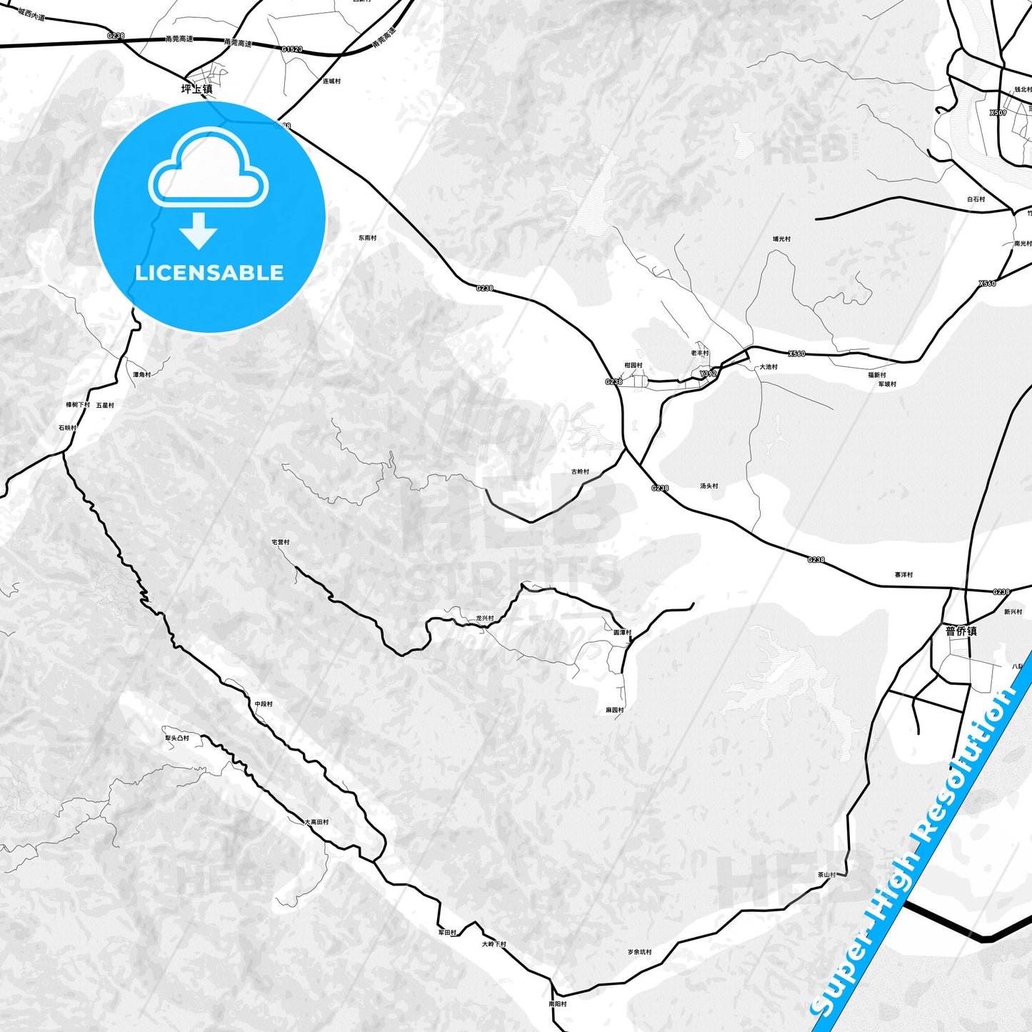 Zhangzhou, China Light Map with Street Names, City Names, and Districts