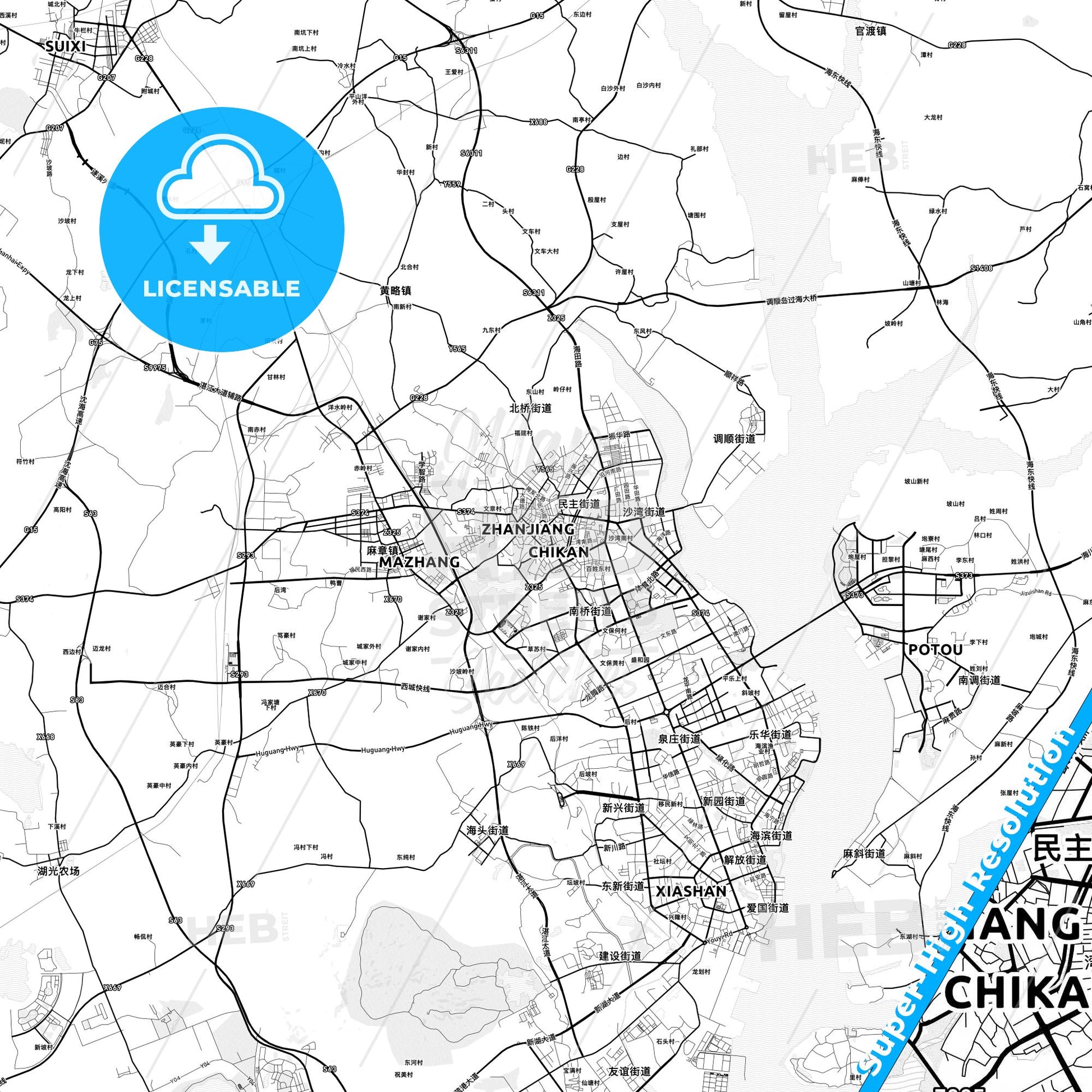 Zhanjiang, China light map with streetnames, citynames and districts