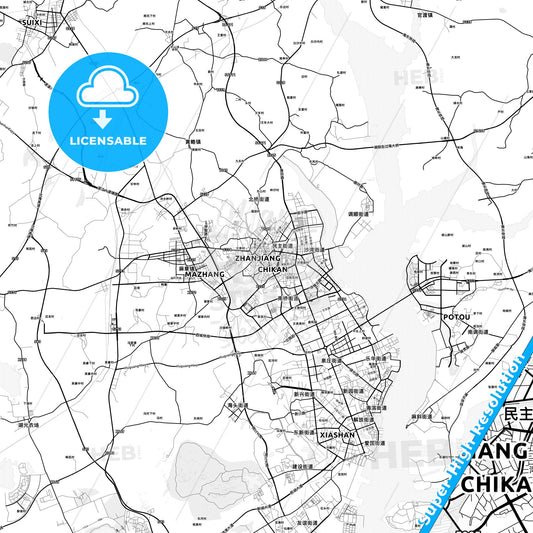 Zhanjiang, China light map with streetnames, citynames and districts