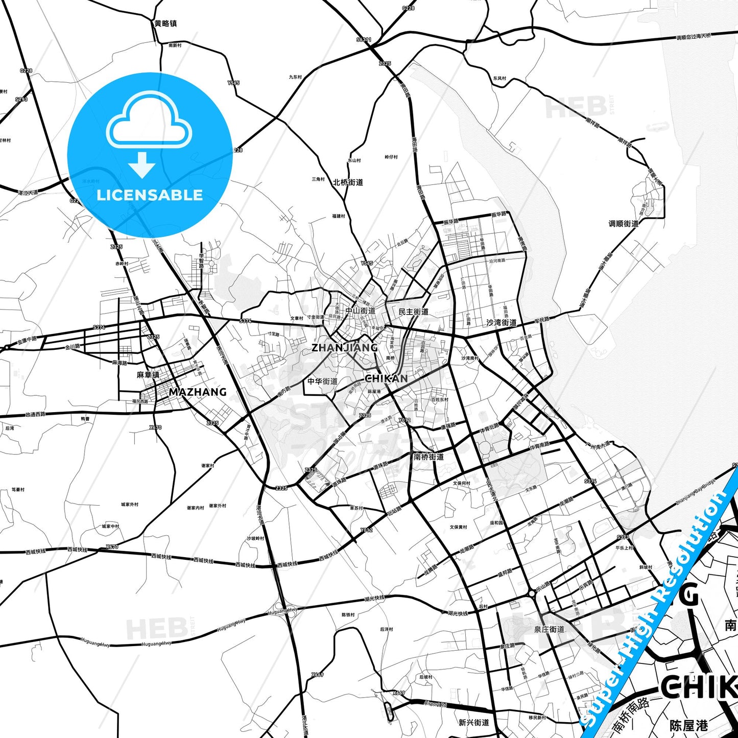 Zhanjiang, China Light Map with Street Names, City Names, and Districts