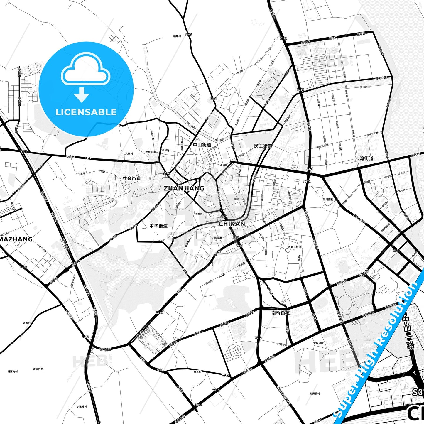 Zhanjiang, China Light Map with Street Names, City Names, and Districts