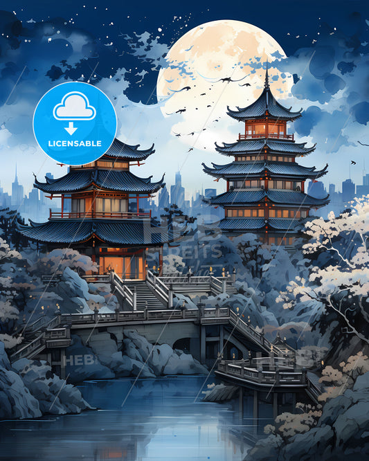 Vibrant Artistic Painting of Zhanjiang Skyline Depicting Pagoda Building and Bridge