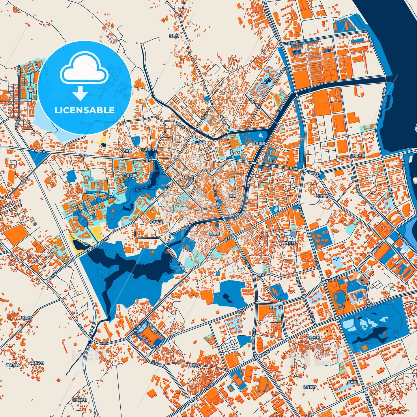 Colorful Zhanjiang Street Map with Labels and Buildings