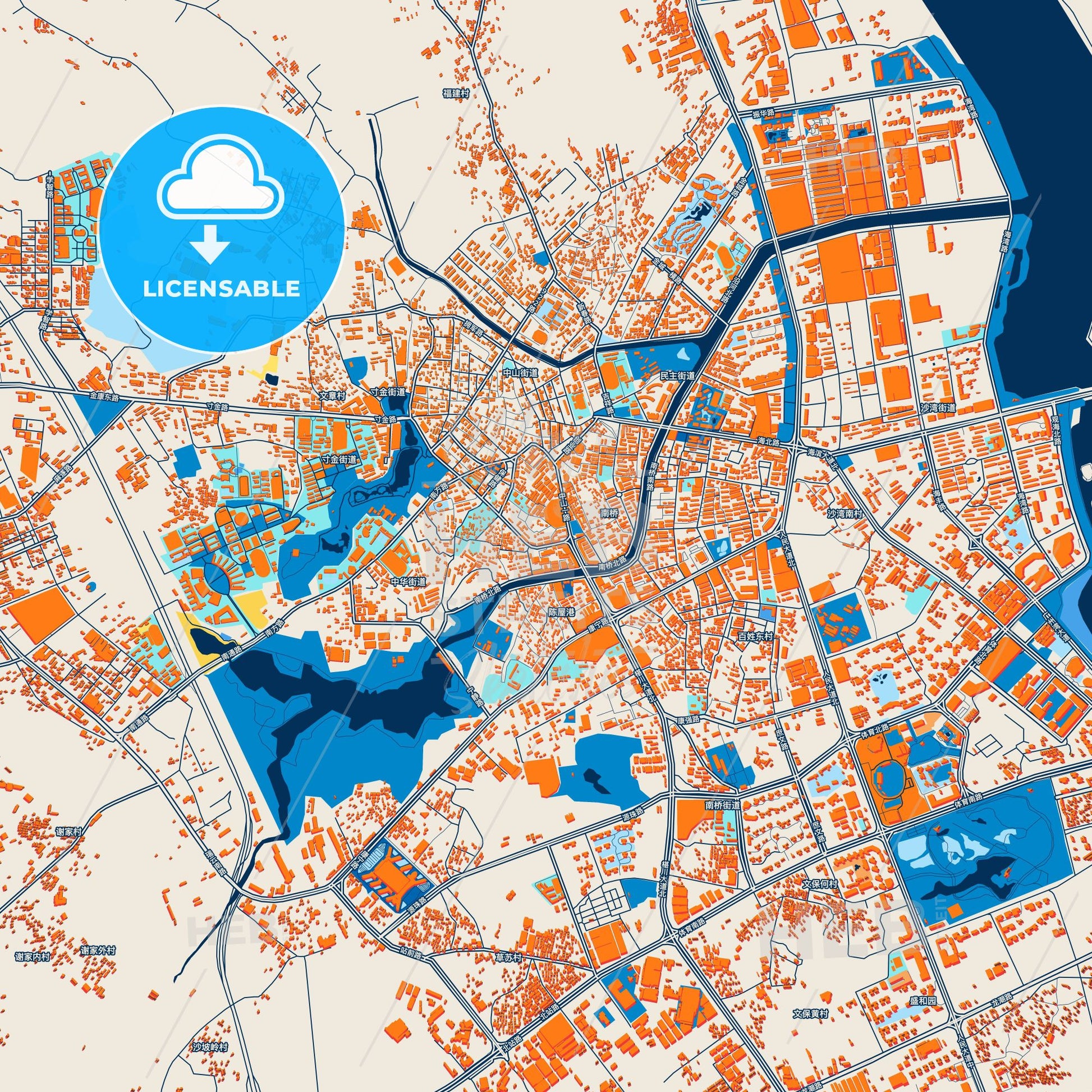 Colorful Zhanjiang Street Map with Labels and Buildings