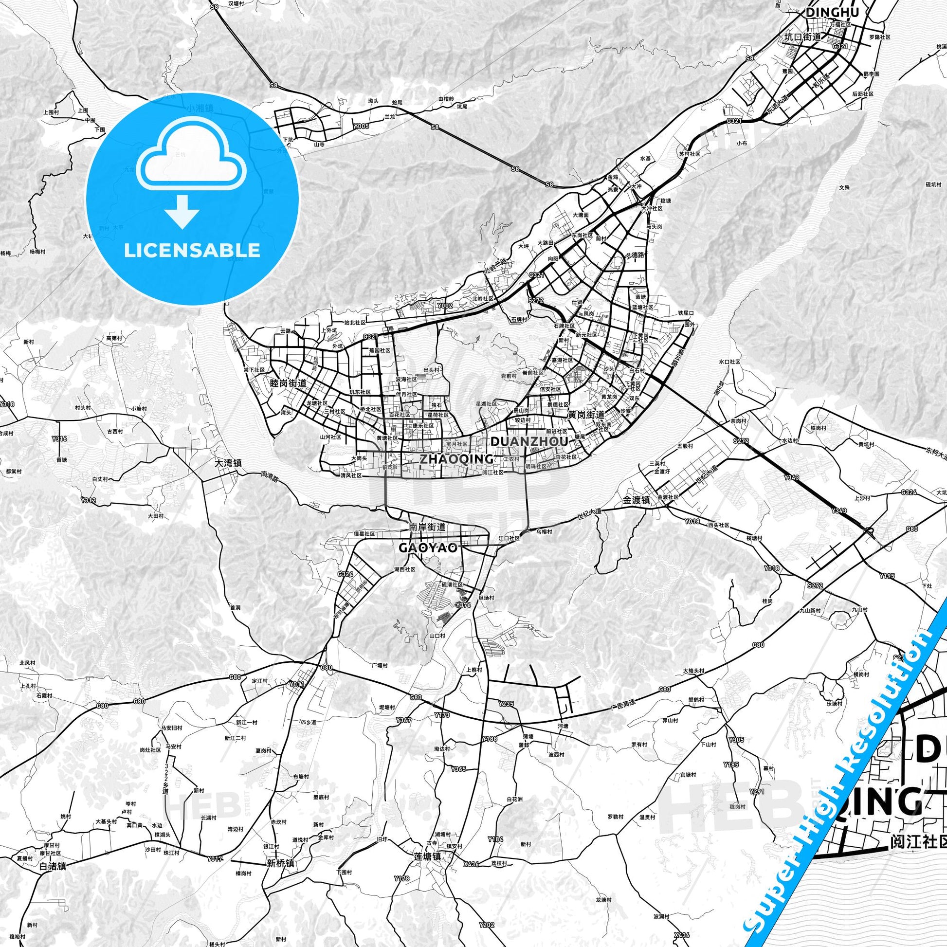 Zhaoqing, China light map with streetnames, citynames and districts