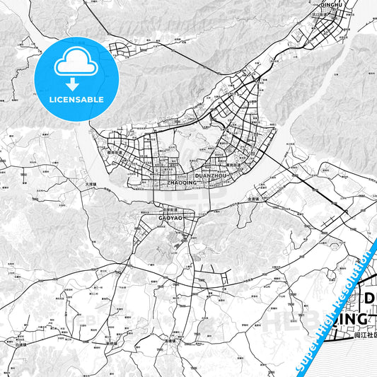 Zhaoqing, China light map with streetnames, citynames and districts