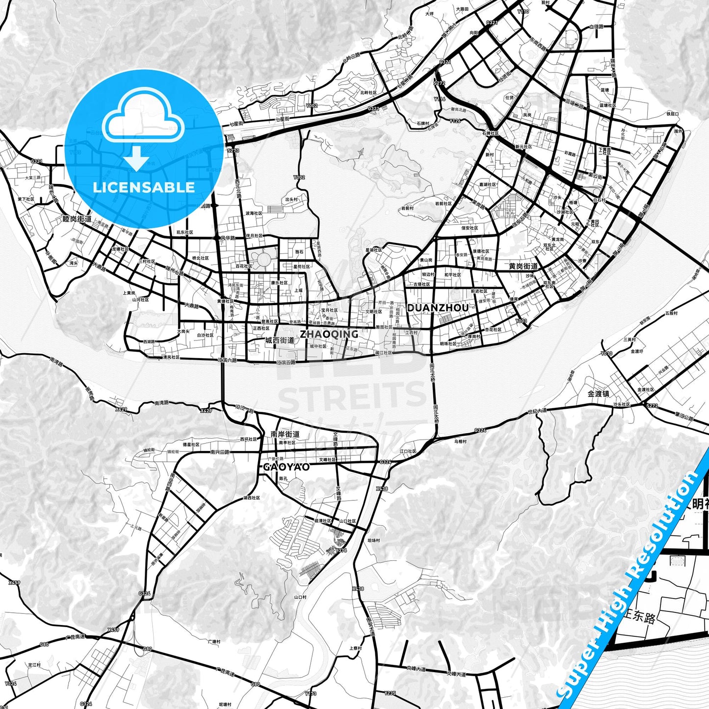 Zhaoqing, China Light Map with Street Names, City Names, and Districts