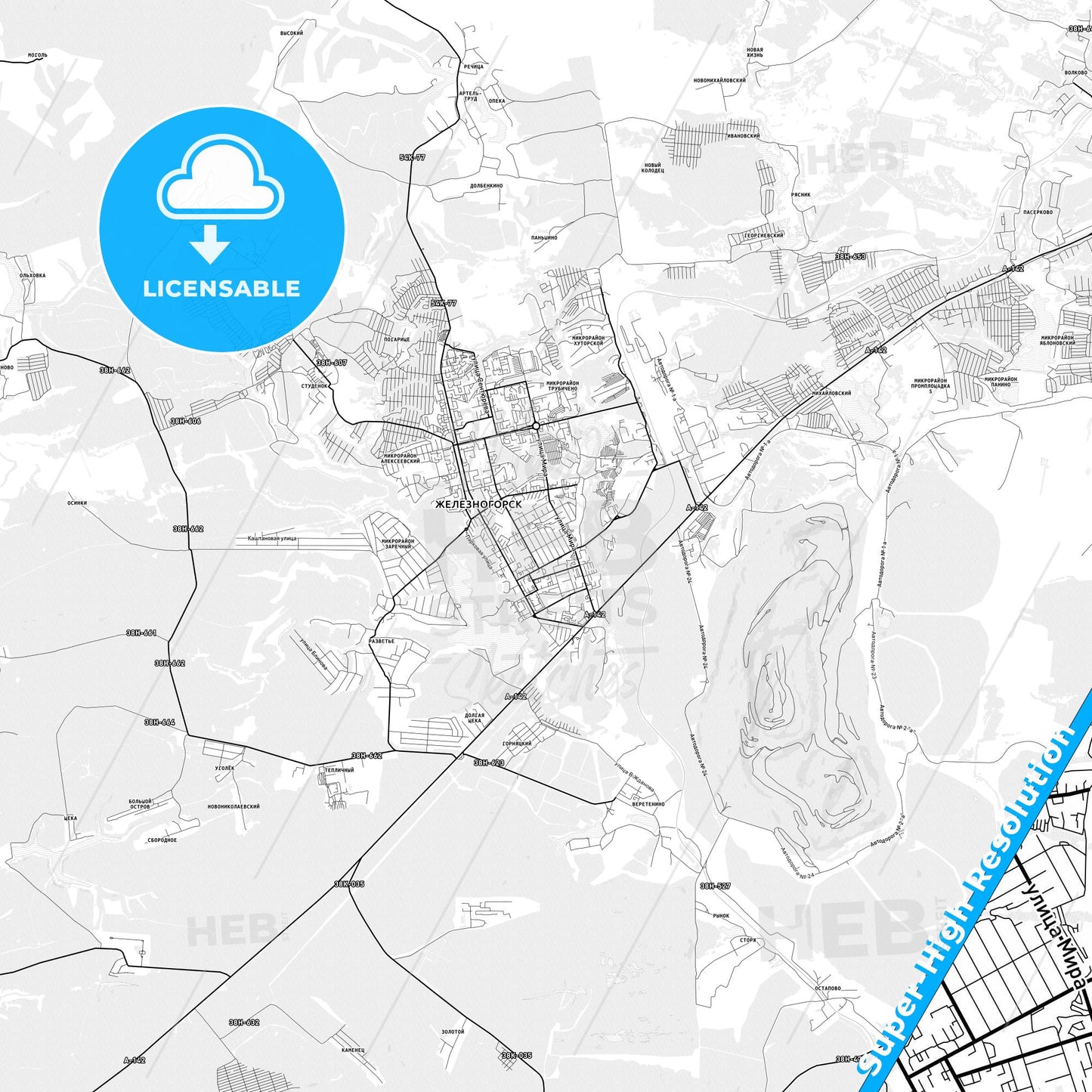 Zheleznogorsk, Russia light map with streetnames, citynames and districts