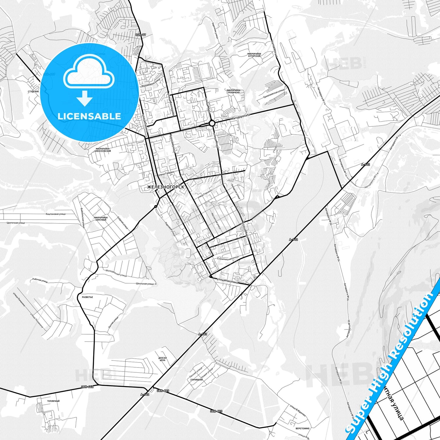 Zheleznogorsk, Russia Light Map with Street Names, City Names, and Districts