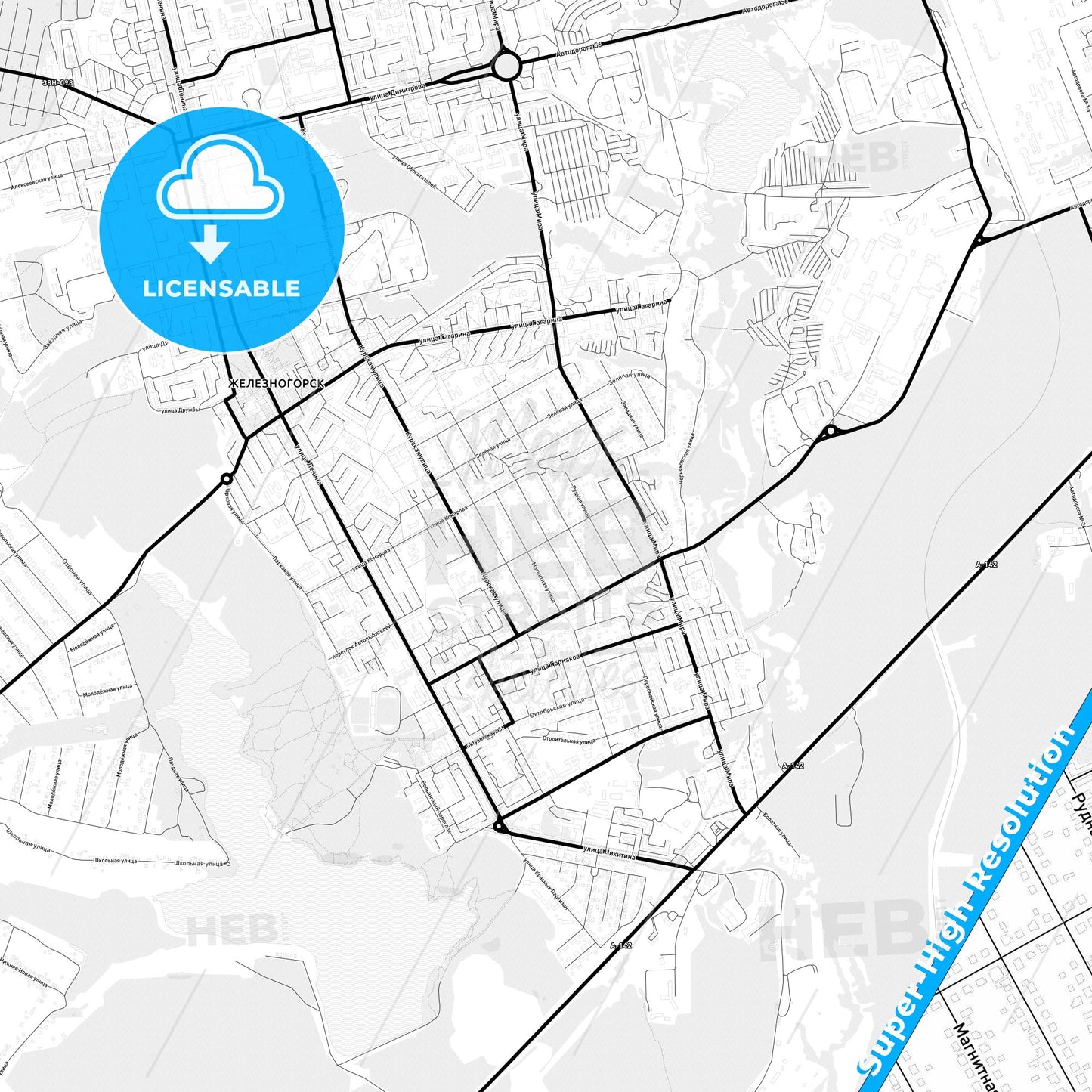 Zheleznogorsk, Russia Light Map with Street Names, City Names, and Districts