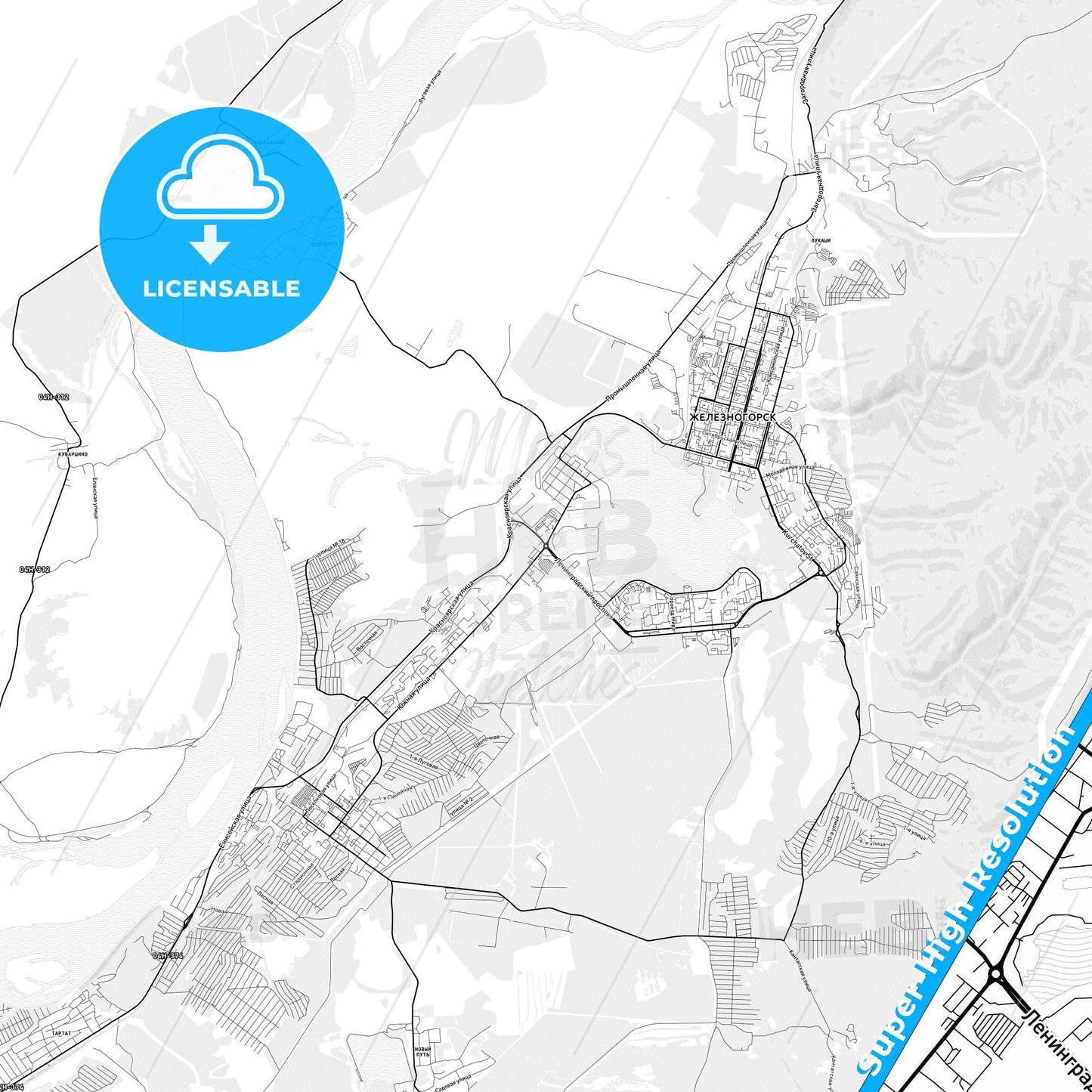 Zheleznogorsk, Russia light map with streetnames, citynames and districts