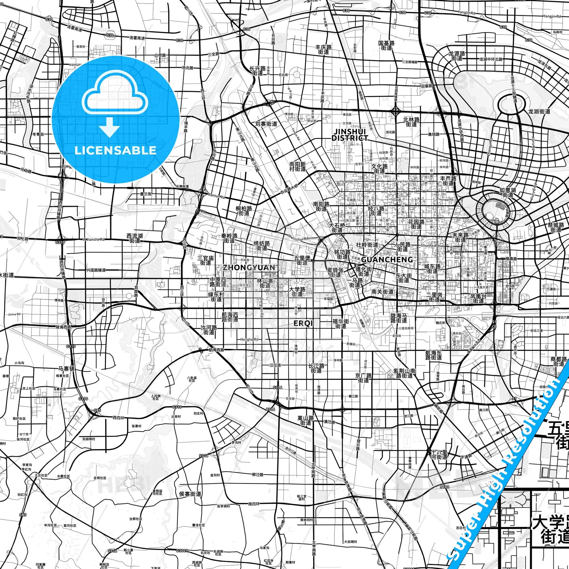 Zhengzhou, China light map with streetnames, citynames and districts