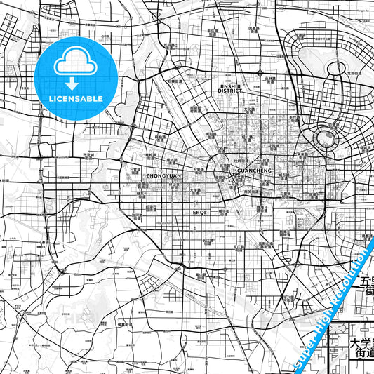 Zhengzhou, China light map with streetnames, citynames and districts