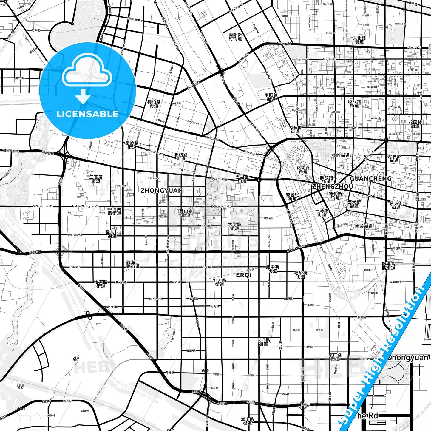Zhengzhou, China Light Map with Street Names, City Names, and Districts