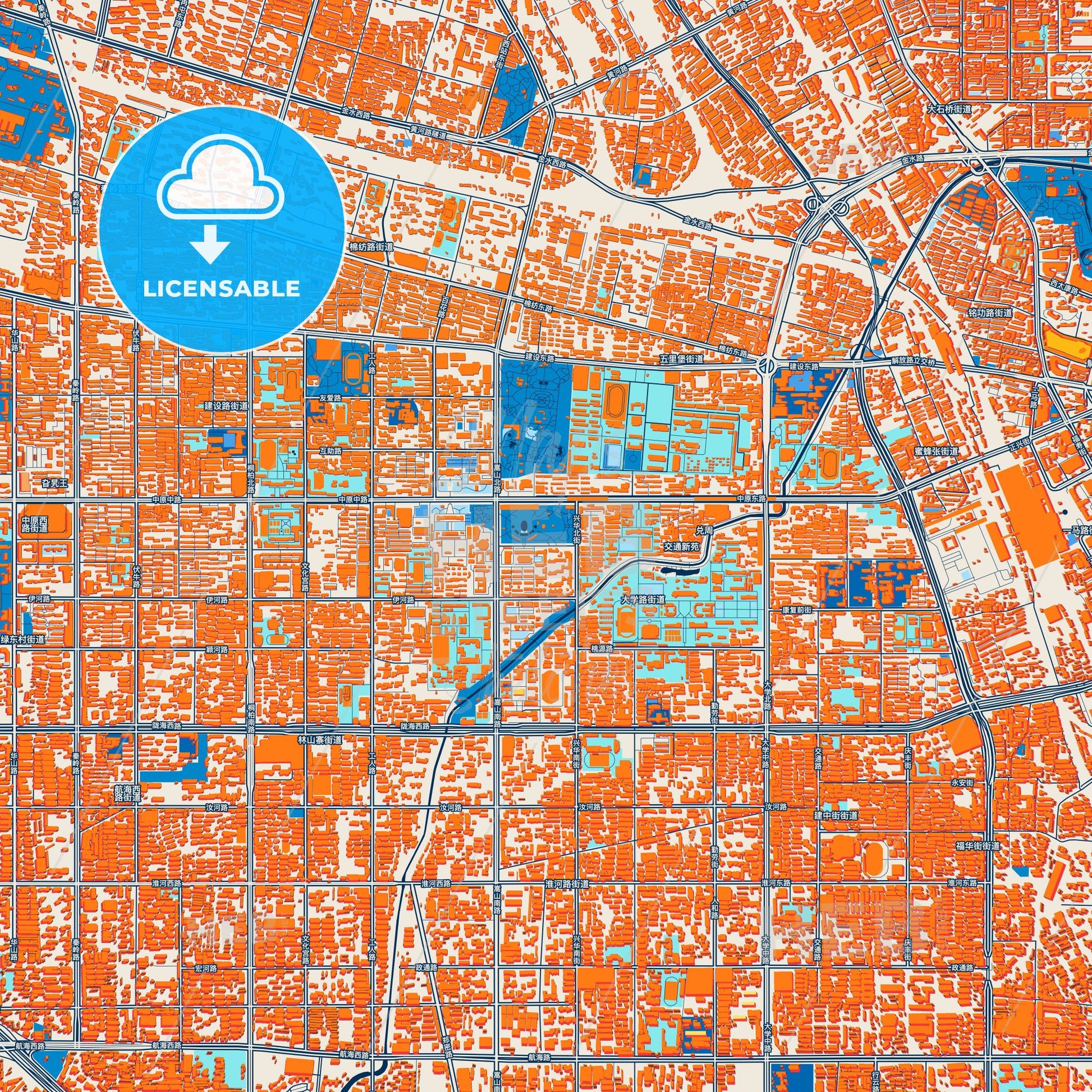 Colorful Zhengzhou Street Map with Labels and Buildings