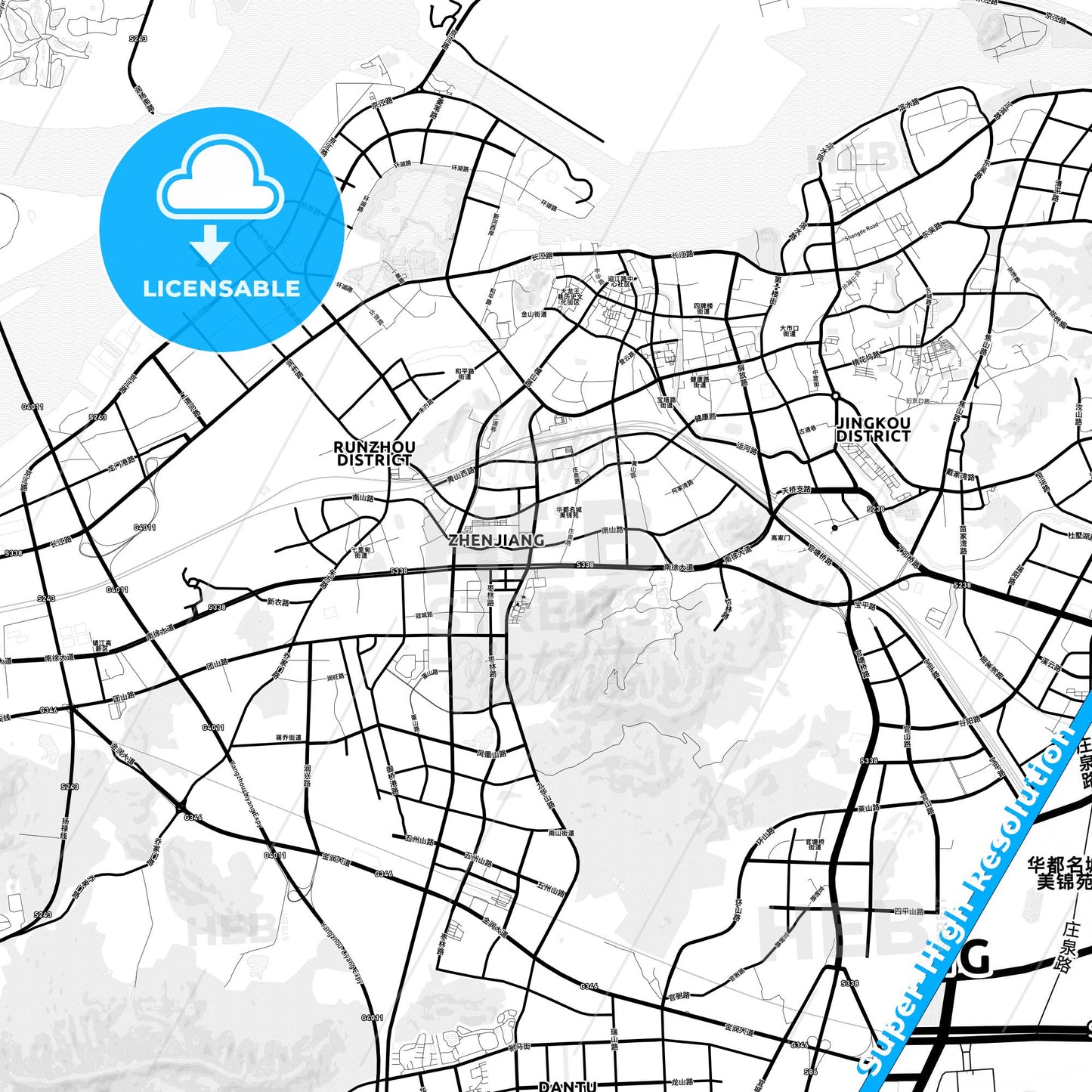 Zhenjiang, China Light Map with Street Names, City Names, and Districts
