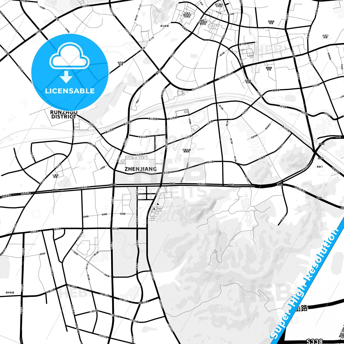 Zhenjiang, China Light Map with Street Names, City Names, and Districts