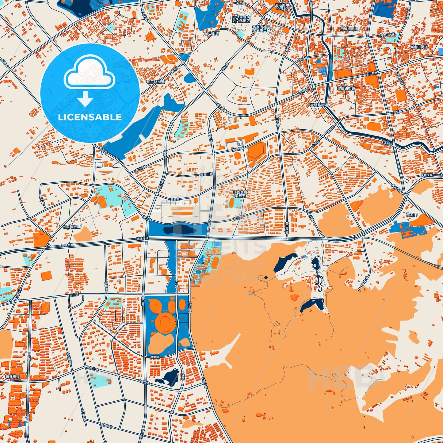 Colorful Zhenjiang Street Map with Labels and Buildings