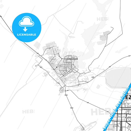 Zhezkazgan, Kazakhstan light map with streetnames, citynames and districts