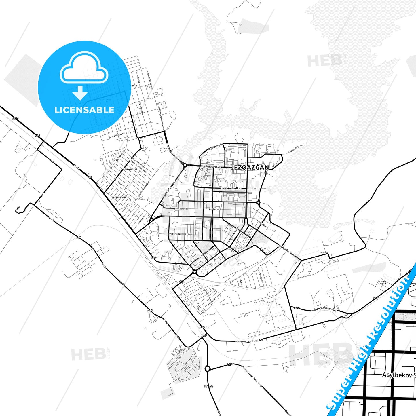 Zhezkazgan, Kazakhstan Light Map with Street Names, City Names, and Districts