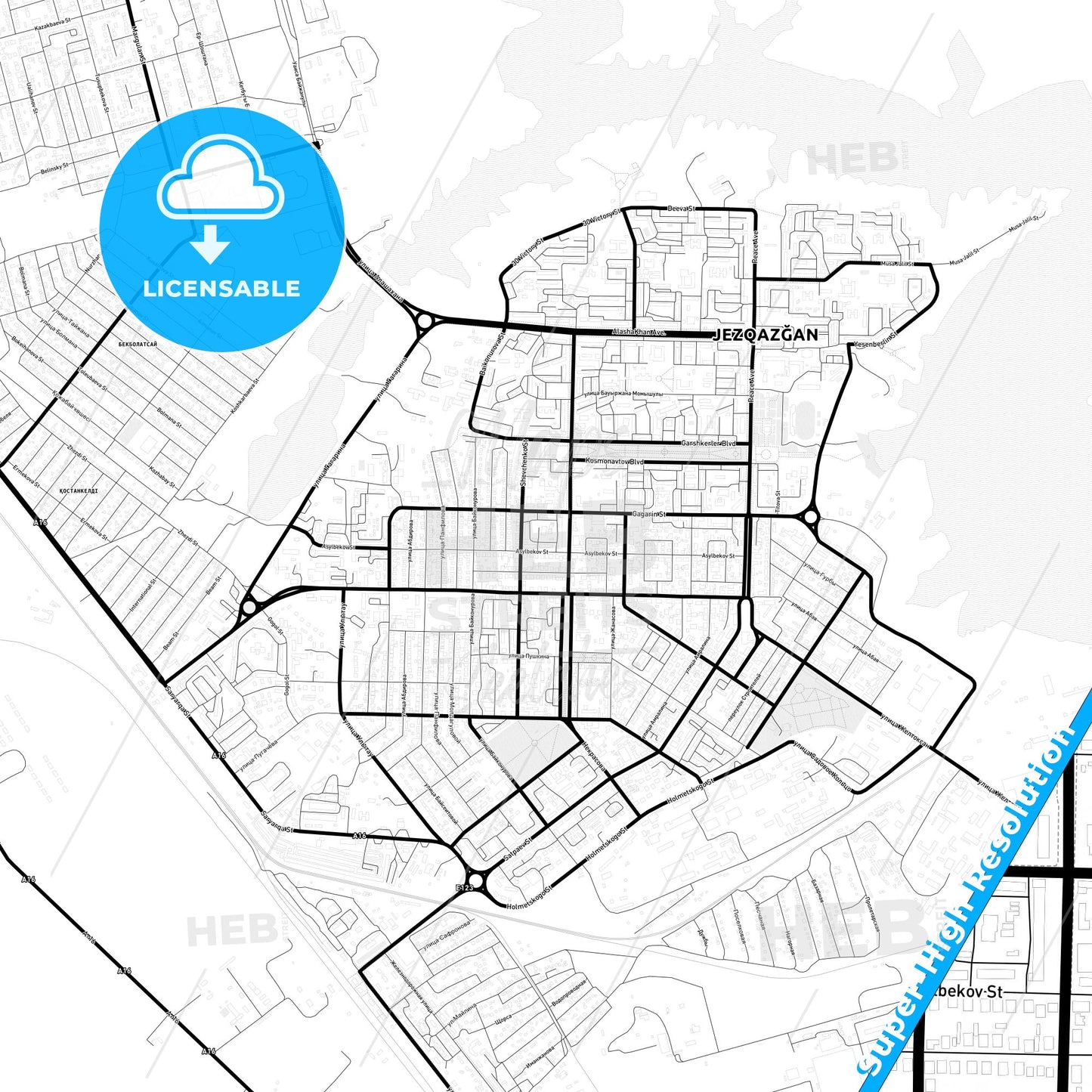 Zhezkazgan, Kazakhstan Light Map with Street Names, City Names, and Districts