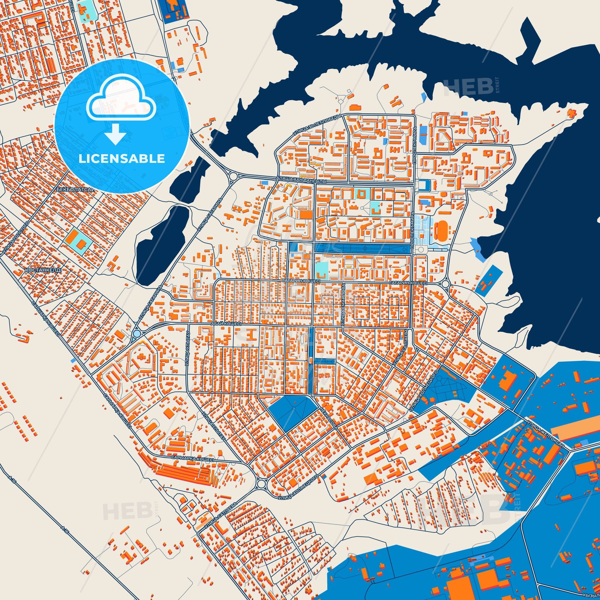 Colorful Zhezkazgan Street Map with Labels and Buildings
