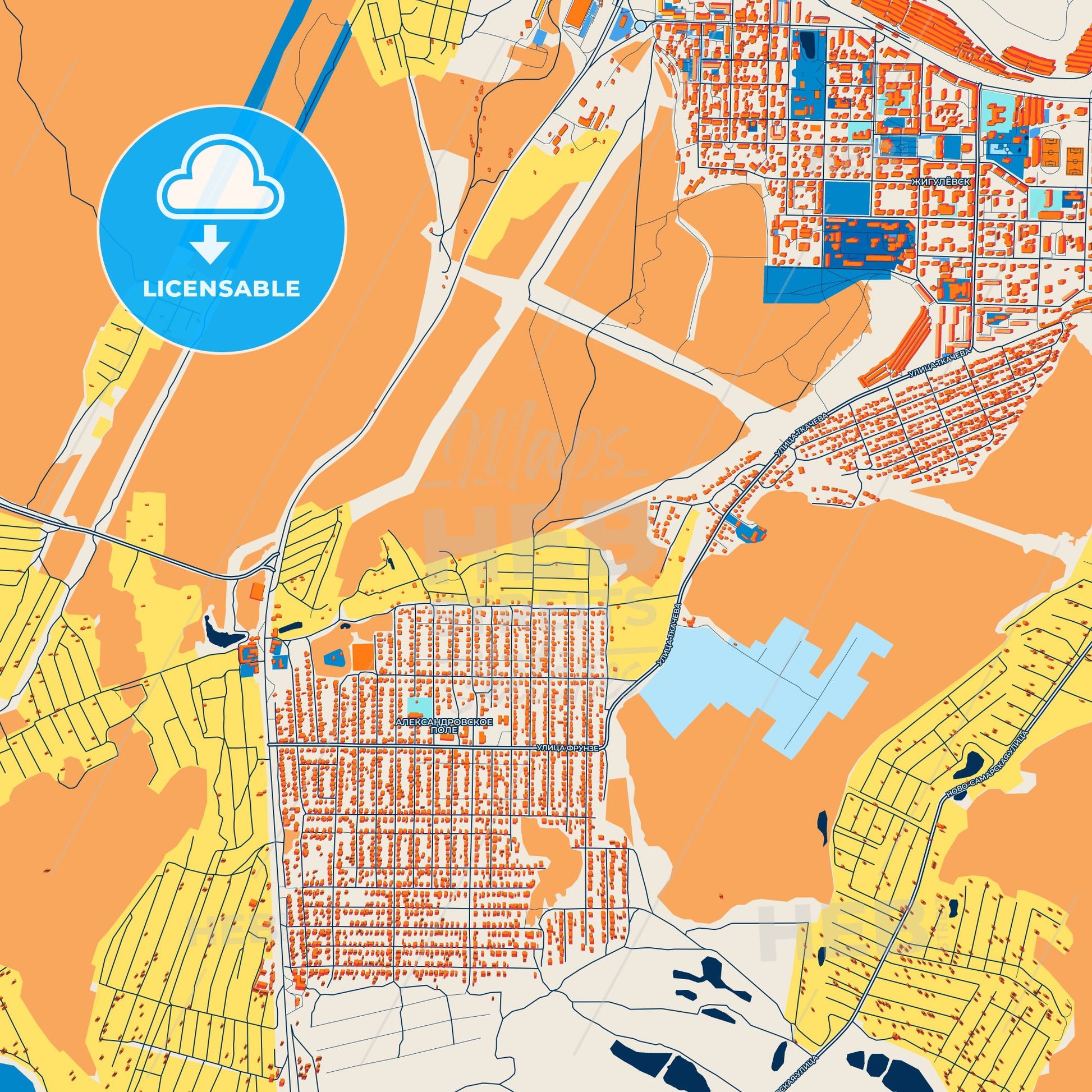 Colorful Zhigulyovsk Street Map with Labels and Buildings