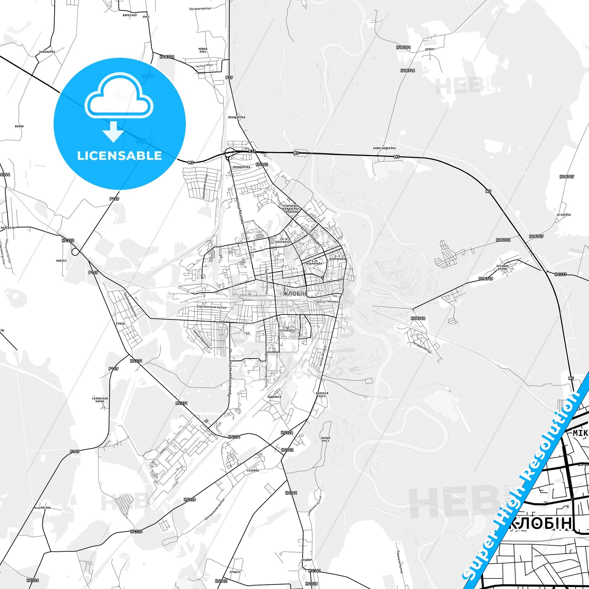 Zhlobin, Belarus light map with streetnames, citynames and districts