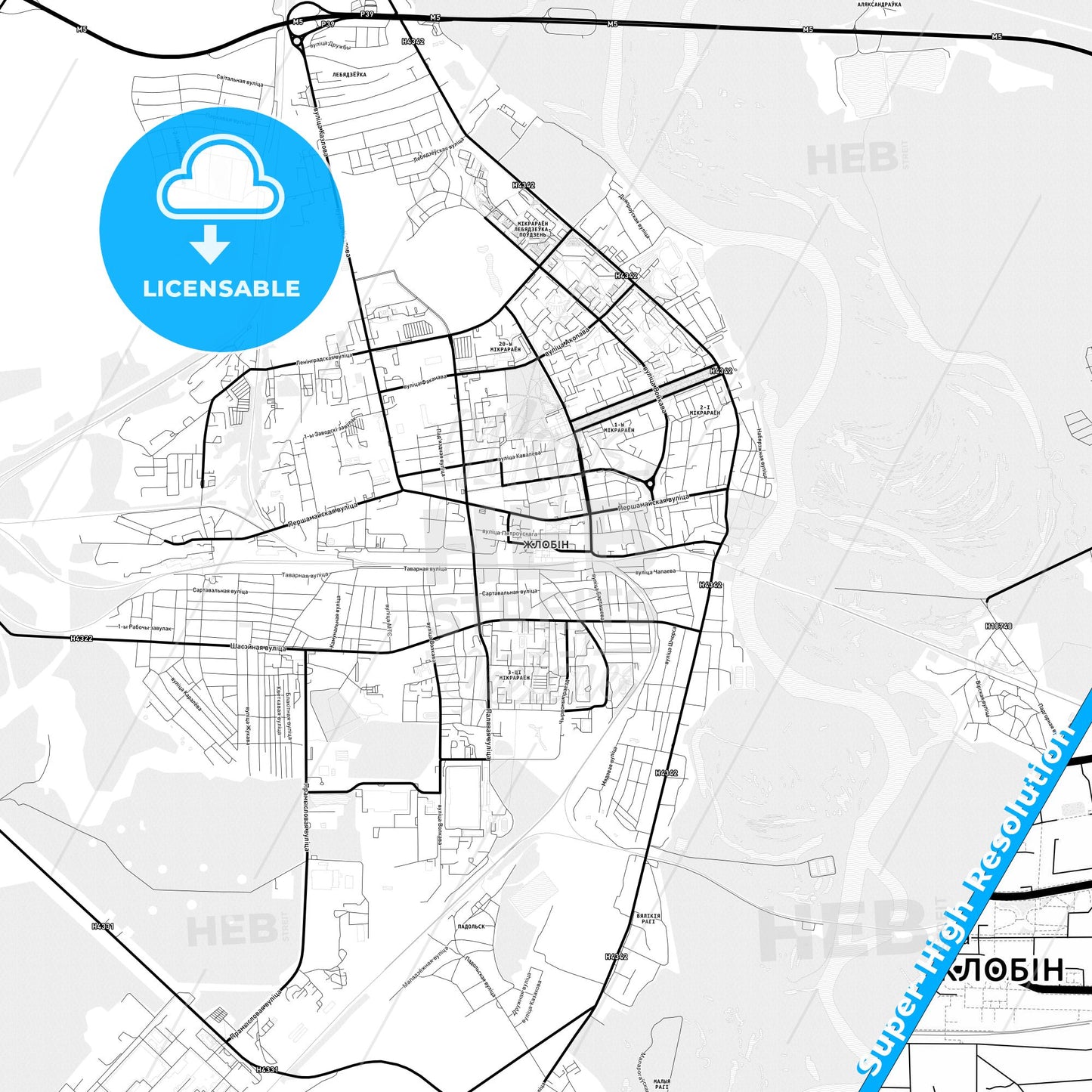 Zhlobin, Belarus Light Map with Street Names, City Names, and Districts