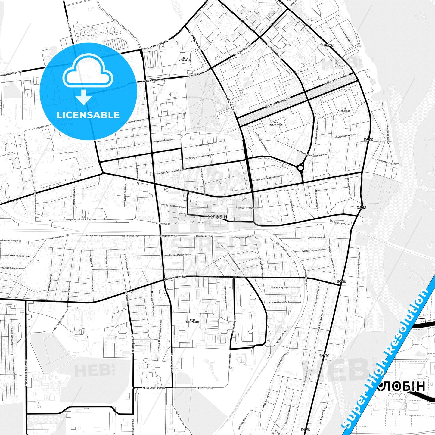 Zhlobin, Belarus Light Map with Street Names, City Names, and Districts