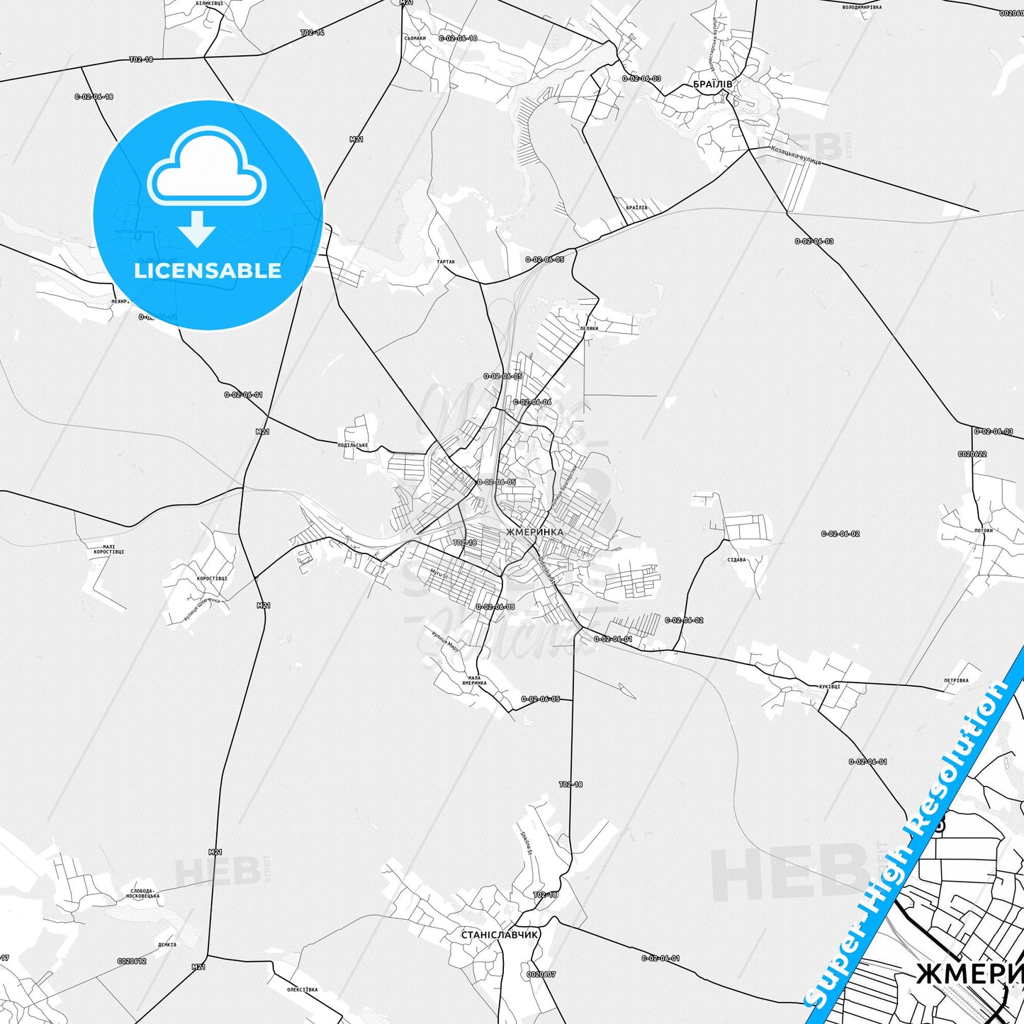 Zhmerynka, Ukraine light map with streetnames, citynames and districts