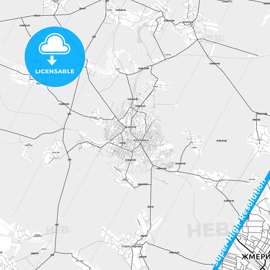 Zhmerynka, Ukraine light map with streetnames, citynames and districts