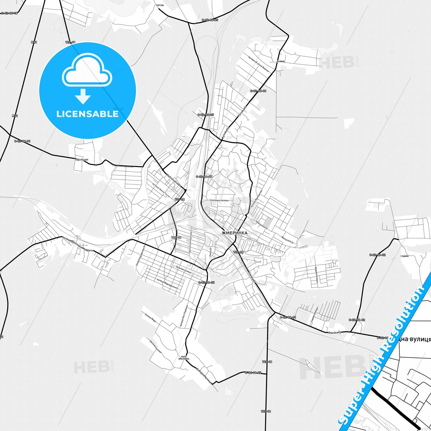 Zhmerynka, Ukraine Light Map with Street Names, City Names, and Districts