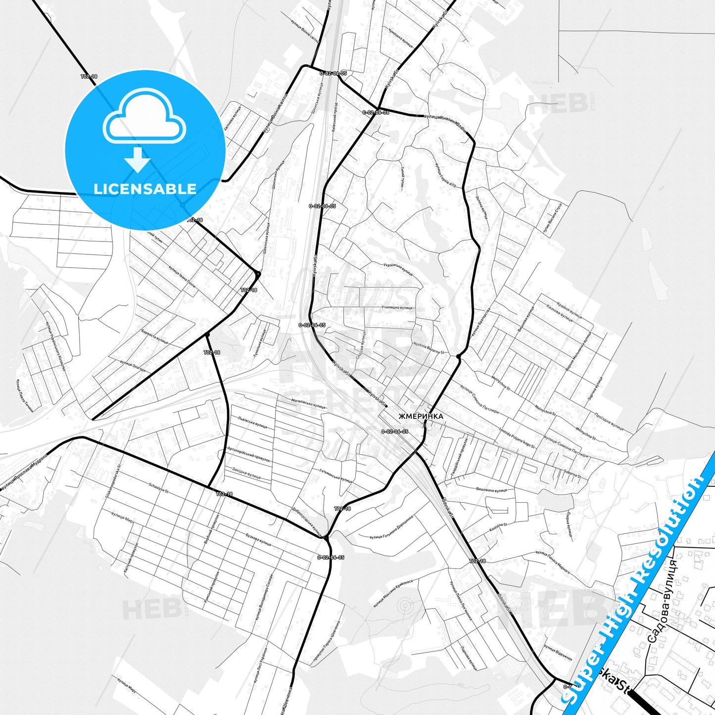 Zhmerynka, Ukraine Light Map with Street Names, City Names, and Districts