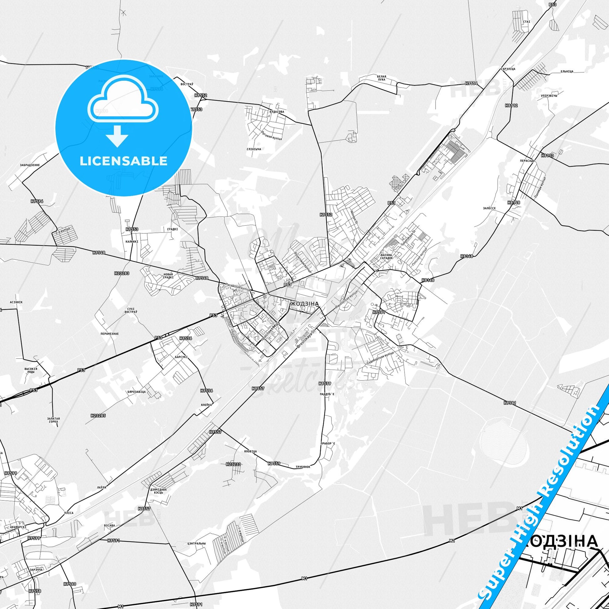 Zhodzina, Belarus light map with streetnames, citynames and districts