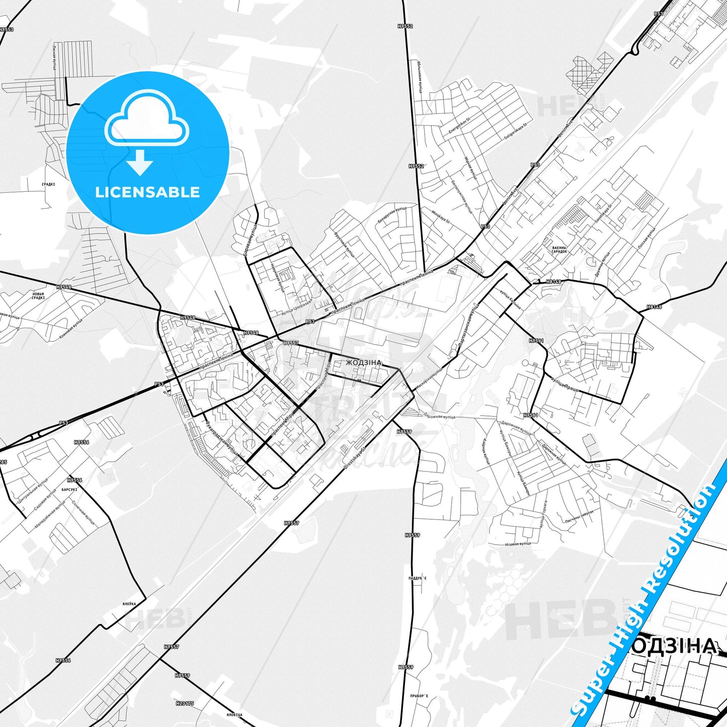 Zhodzina, Belarus Light Map with Street Names, City Names, and Districts