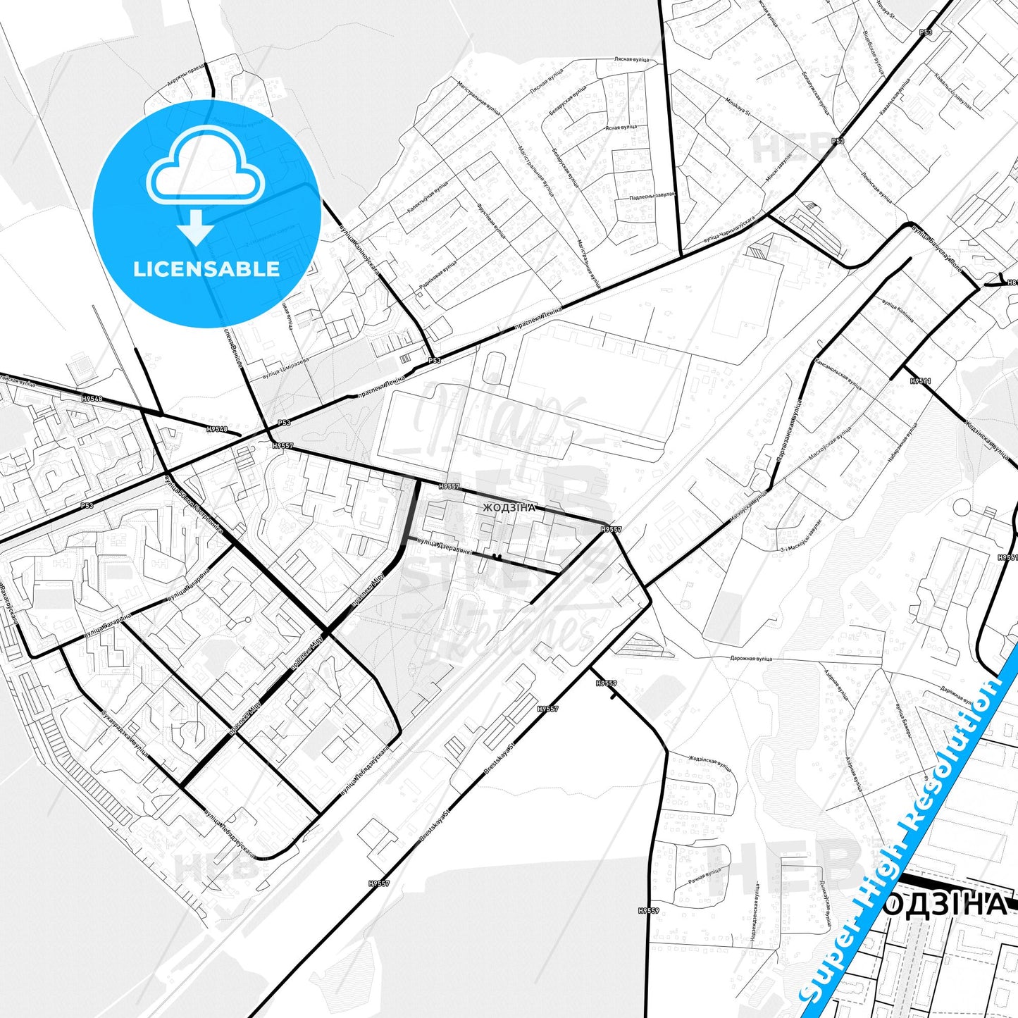 Zhodzina, Belarus Light Map with Street Names, City Names, and Districts