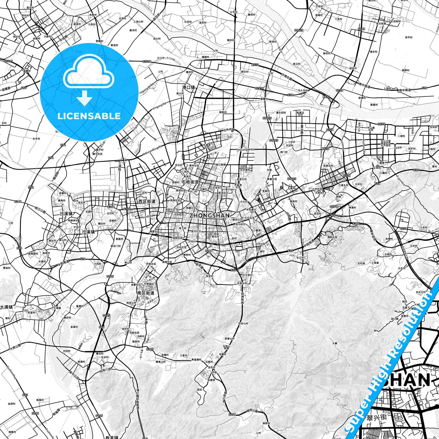 Zhongshan, China light map with streetnames, citynames and districts