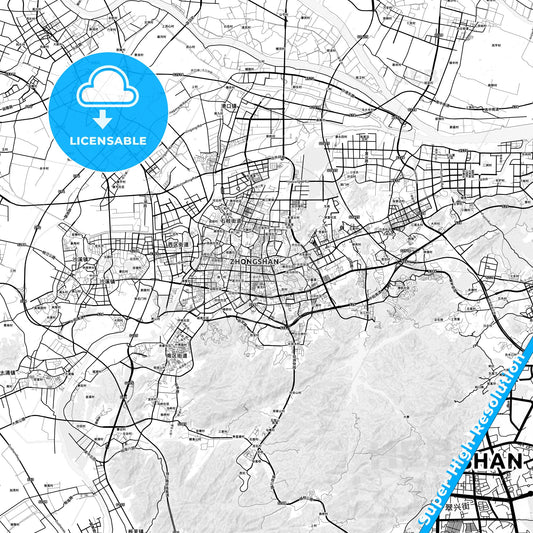 Zhongshan, China light map with streetnames, citynames and districts