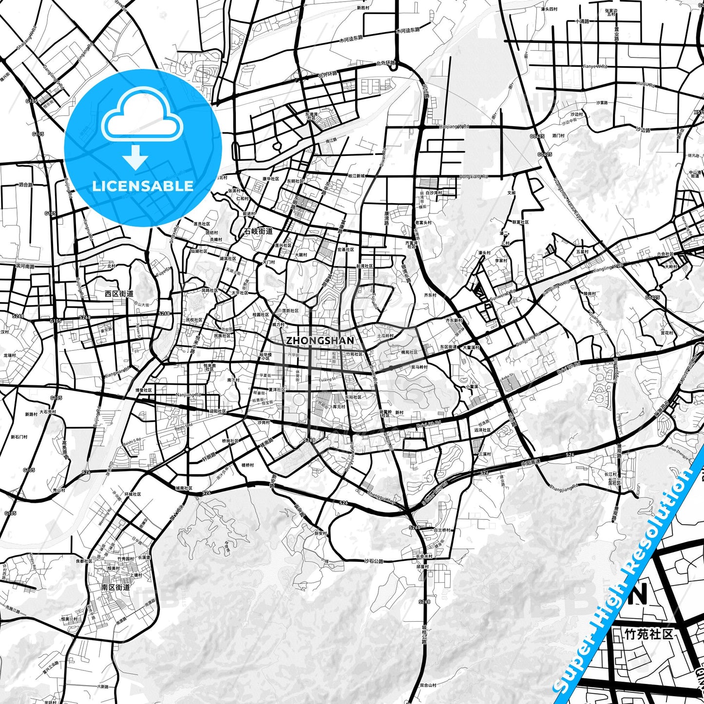 Zhongshan, China Light Map with Street Names, City Names, and Districts